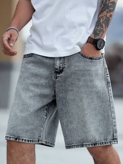 Manfinity LEGND Jeansshorts för män Slant Pocket Jeansshorts Sommar Going Out Enfärgade jeansshorts Baggy ljusgrå jeansshorts, för make, pojkvänspresenter