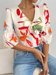 Chiquease Graphic Print Knot Front Crop Blouse For Summer - Multicolor - View 5