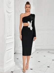 ADYCE One Shoulder Long Sleeve Cut Out Waist Beaded Flower Embellished Party Bodycon Midi Bandage Dress For Evening Or Prom Elegant Cocktail Semi Formal Wedding Guest Dress, For Birthday, Graduation, Dinner, Homecoming - Black - View 5