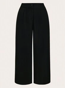 SHEIN Clasi Plus碼純色直筒西裝褲 - 黑色 - 查看 1