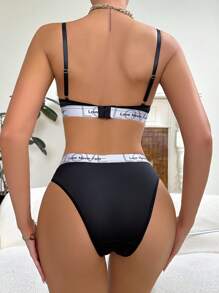 SHEIN Letter Tape Bra & Panty Lingerie Set - Black - View 2