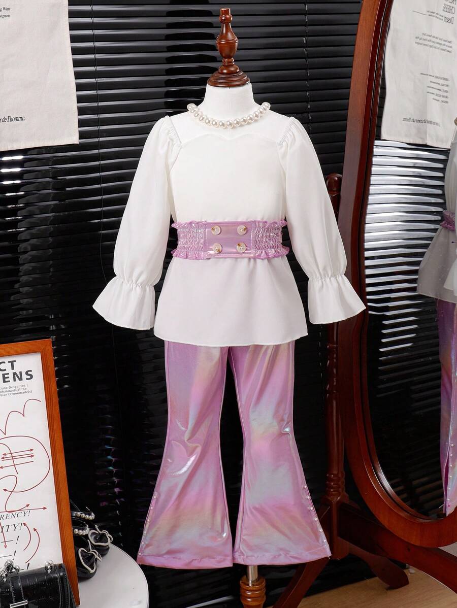 SHEIN Young Girls' Elegant White Long-Sleeved Top And Denim Pants Set, Spring/Summer - Purple - View 1