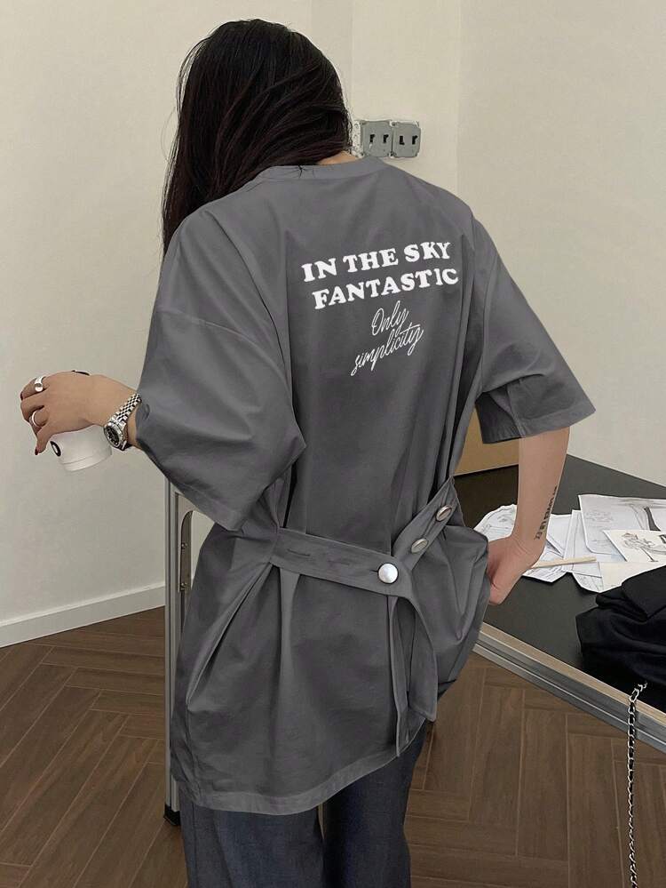 Women's Summer Slogan Print Round Neck Loose Fit Casual T-Shirt With Drop Shoulder,Graphic Tees