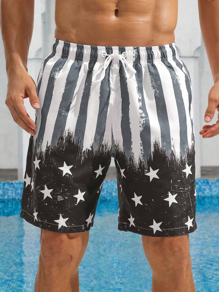 Surfspeed Men American Flag Print Drawstring Waist Swim Trunks - Grey - View 1