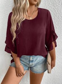 Plus Women Solid Flounce Sleeve Blouse - Burgundy - View 6