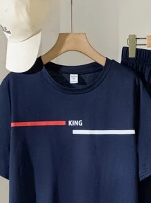 SHEIN 2入組少年男孩鬆身休閒英文字印花T恤和針織口袋長褲套裝，簡約百搭日常穿搭 - 藍色 - 查看 6