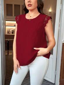 Reflora Plus Contrast Lace Tie Back Elegant Blouse For Summer - Burgundy - View 4
