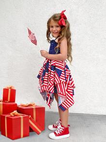 SHEIN 年輕女孩編織無袖褶皺A字裙，美國國旗印花 - 彩色 - 查看 4