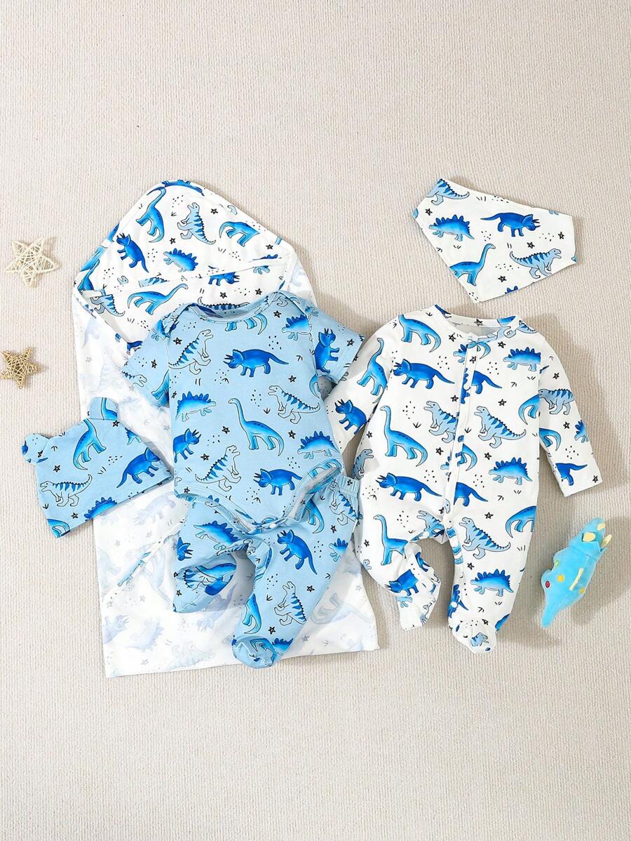 SHEIN 4قطع هدية مجموعة لطفل الذكر مكونة من بدلة سباحة بطباعة سمكة القرش بأكمام طويلة، بدلة سباحة بأكمام قصيرة، وبناطيل طويلة وبطانية ملف - متعدد الألوان - مشاهدة 1