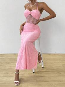 Allurite Vestido formal de verano con cuello halter y encaje de contraste