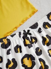 Leopard Print Letter Cami Top And Ruffle Shorts Pajama Set - Yellow - View 5