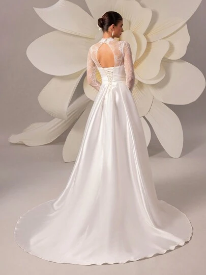 HEARBOBO Vintage Bohemian Style White Wedding Dress, Featuring Stand Collar And Delicate Contrast Lace Long Sleeves Design, Perfectly Showcasing The Elegant And Graceful Bride Vibe. Spring