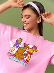 SCOOBY-DOO X SHEIN Conjunto de ropa para el hogar para mujer con camiseta de corte holgado y pantalones cortos impresos con letras de dibujos animados, para verano - Rosa - Ver 7