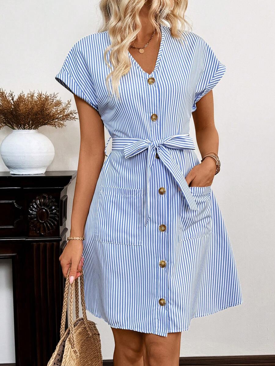 SHEIN LUNE 夏季條紋印花鈕扣前綁帶連身裙 - 藍白色 - 查看 1