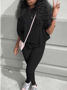 INAWLY Solva Bộ đồ hai mảnh hở vai và quần legging cho nữ - màu đen - Xem 2