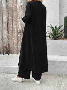 SHEIN LUNE Solid Button Front Shirt & Wide Leg Pants - Black - View 2