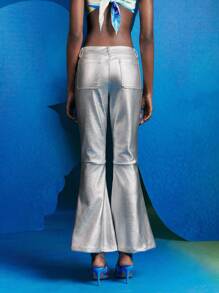 Alice McCall 设计师款女式系带喇叭腿 PU 皮裤，适合夏季、假日、节日 - 銀色 - 查看 3