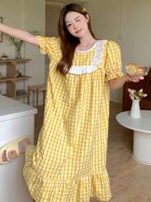 DAZY Váy ngủ kẻ caro ngọt ngào có viền nhún bèo, váy ngủ Moo Moo - Màu vàng - Xem 7