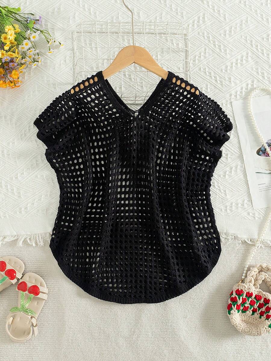 Camiseta cubierta juvenil para chicas con cuello en V, de manga corta, de unicolor y con detalles de ganchillo perfecta para vacaciones