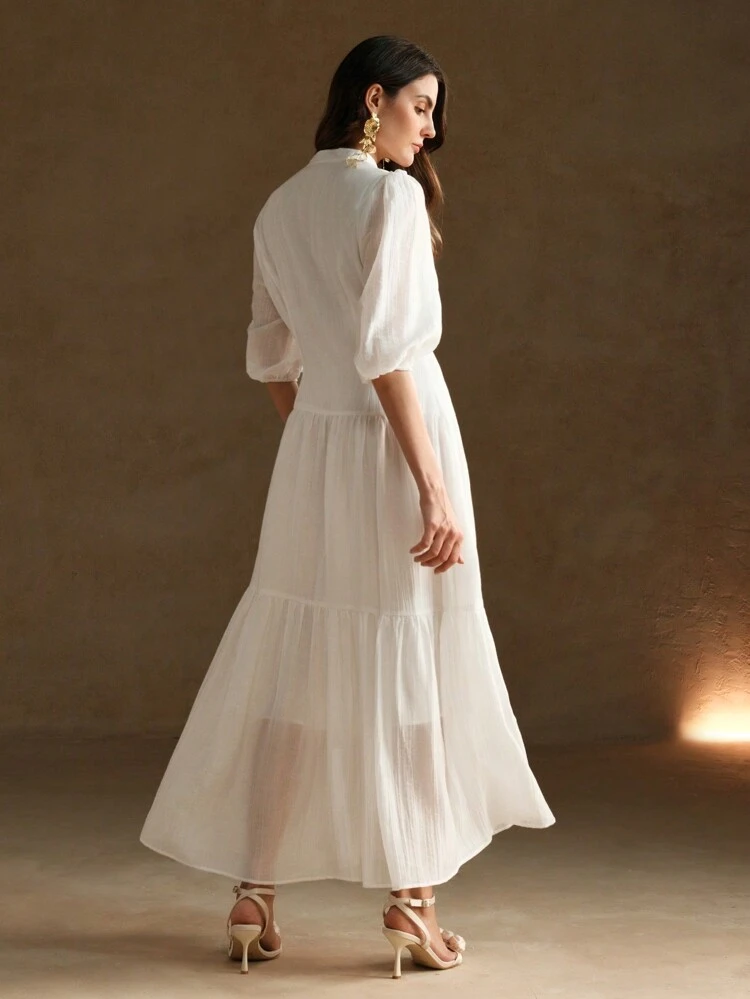 Elegant Vintage White Hollow Loose Woven Women's Dress Maxi Women Outfit
