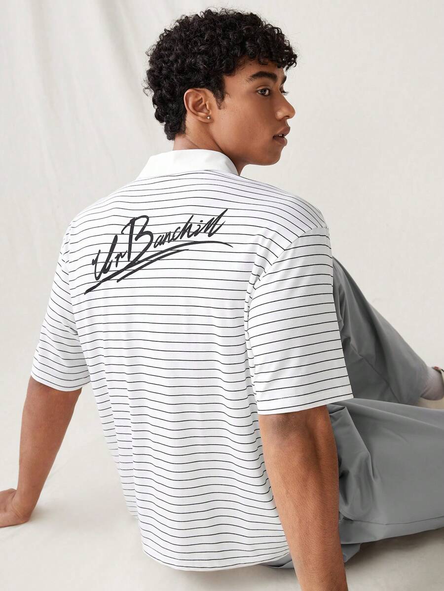 Manfinity VCAY Polo à manches courtes et ample pour hommes, à rayures tricotées décontractées, tenue vestimentaire quotidienne à la mode - Noir et Blanc - Voir 1