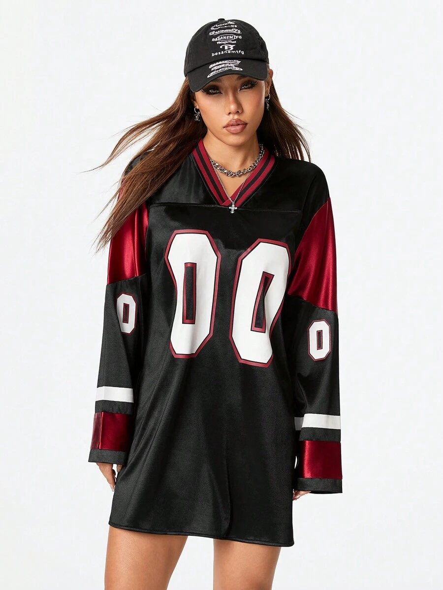 Coolane Y2K Street Cool Áo bóng rổ nữ Số sự kiện In Colorblock Chắp vá Áo thun dài tay - màu đen - Xem 1