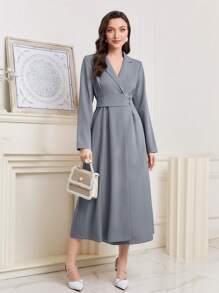 Mulvari Lapel Neck Wrap Hem Dress - Grey - View 1