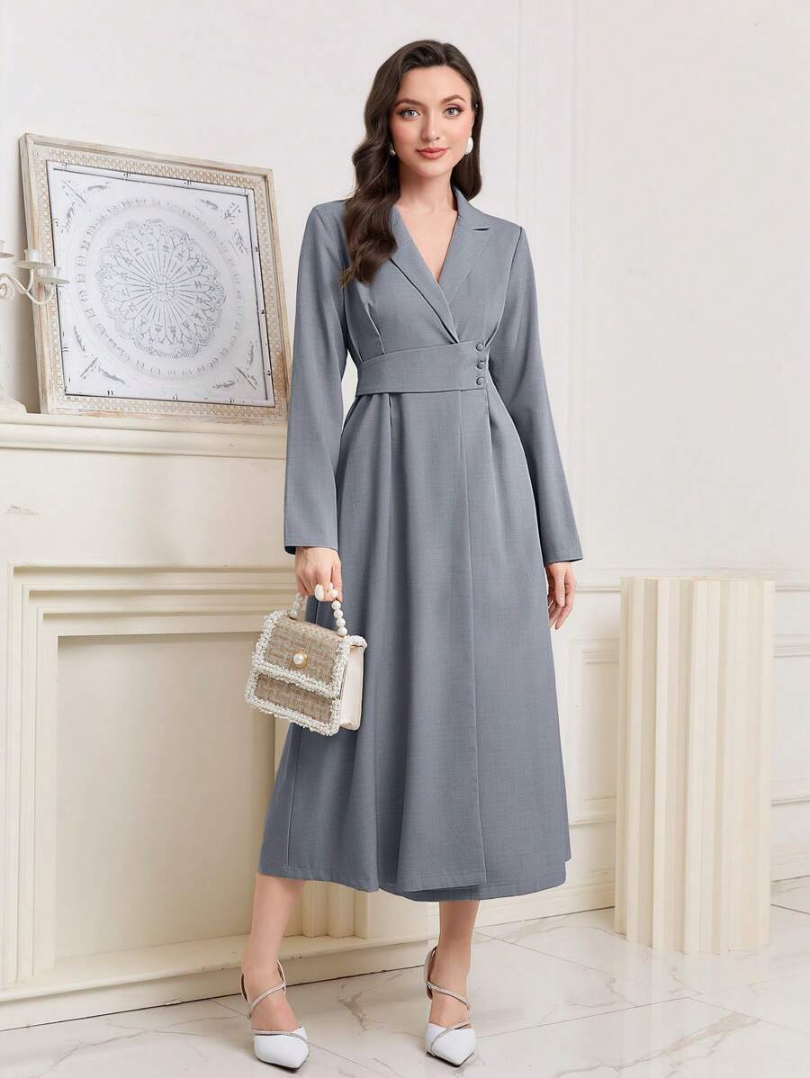 Mulvari Lapel Neck Wrap Hem Dress - Grey - View 1