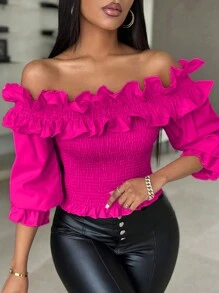 SHEIN LUNE Solid Color Ruffle Decor Off-Shoulder Cropped Top For Women - Hot Pink - View 6