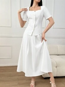 Modelyn Square Neck Button Front Blouse & Fold Pleated Skirt - White - View 5