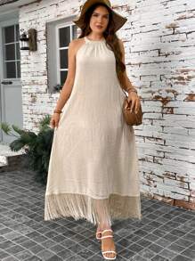 SHEIN LUNE 大码流苏下摆露背朴实衣服休闲女式连衣裙秋季舒适 - 杏色 - 查看 3