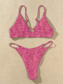 SHEIN Swim 女士夏季海滩全身印花粉色圆环性感比基尼套装，随机印花 - 彩色 - 查看 2