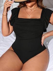 Swim Lushoire Plus Size Solid Ruffle Trim One Piece Swimsuit For Summer - Black - View 6