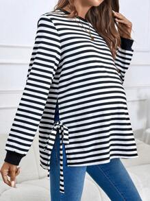 SHEIN Maternity Striped Print Knot Side Sweatshirt With Long Sleeve, For Winter - Black and White - View 3