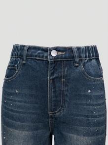 SHEIN Vintage Y2K Tween Girl Rhinestone Studded Detailed Wide Leg Jeans, Fashionable And Versatile - Medium Wash - View 4