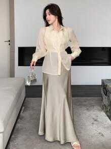 DAZY Women's Solid Color Sheer Long Sleeve Shirt,Fall Women Clothes - Apricot - View 2