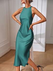EMERY ROSE Solid Keyhole Back Sleeveless Satin Party Dress Maxi Women Outfit - Teal Blue - View 7