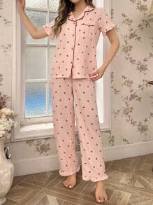 Contrasting Edging Lapel Collar Cherry Printed Top And Pants Women's Pajama Set - Pink - View 3