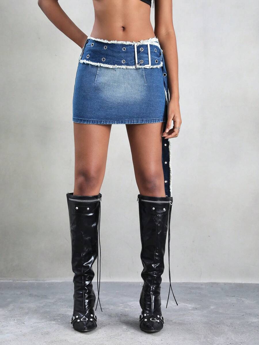 Denim Rock mit Schnallengürtel Detail