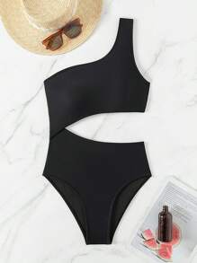 SHEIN Swim Women's Asymmetrical Neck Cut Out Black One-Piece Swimsuit - Black - View 3