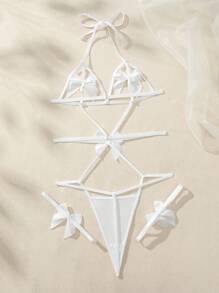 SHEIN 女士性感时尚蝴蝶结连体衣，适合外出穿着 - 白色 - 查看 5