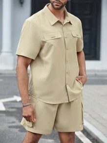 Manfinity Homme 男士夏季翻盖细节休闲衬衫和短裤套装，适合日常穿着 - 卡其色 - 查看 7