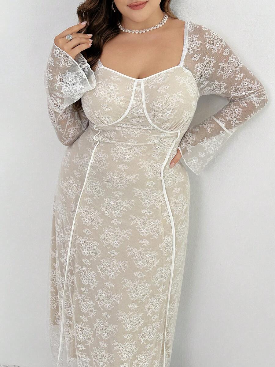 Modelyn 加大甜心领喇叭袖蕾丝连衣裙,婚礼/场合/典礼/晚会优雅长款派对礼服秋季女式 - 白色 - 查看 1