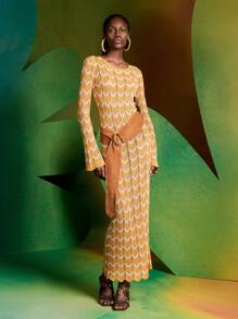 Alice McCall 设计师系带露背波浪条纹镂空针织优雅毛衣裙，秋季，适合秋冬季、节日、派对、除夕夜装 - 棕色 - 查看 2