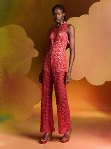 Alice McCall Designer Allover Floral Flower Lace Deep V Neck Jumpsuit, Women, For Summer, Holiday, Valentine's Day, Festival - Red - View 9