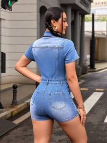 SHEIN EZwear Mujeres mono corto de mezclilla con cierre - Azul - Ver 2