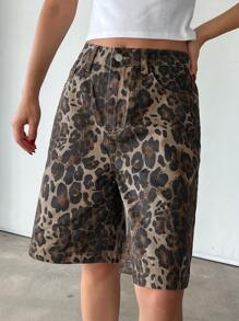 DAZY Leopard Print Zipper Fly Denim Shorts - Brown - View 6