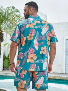 Manfinity RSRT Plus Men Tropical Print Shirt & Shorts - Green - View 2