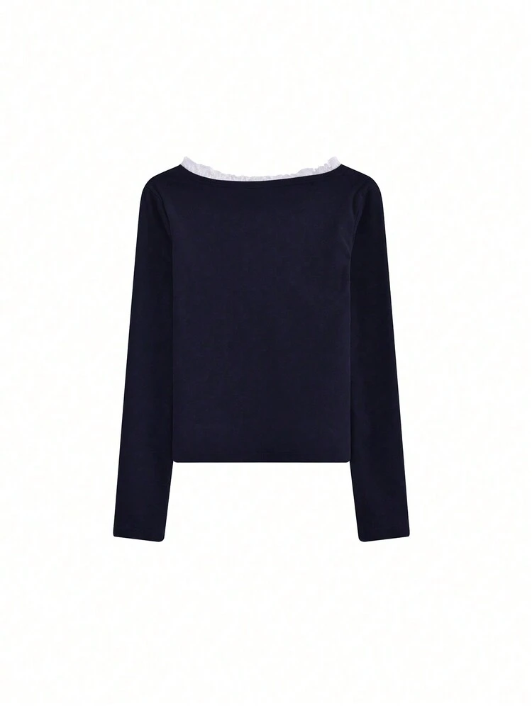 フリル付き フロントタイ 長袖カジュアルTシャツ、春夏用 - ネイビーブルー - 見る 2