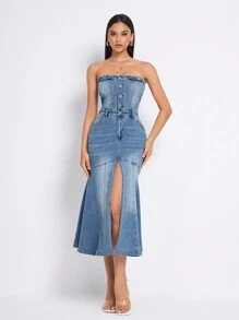 Button Front Split Thigh Tube Denim Dress - Blue - View 5